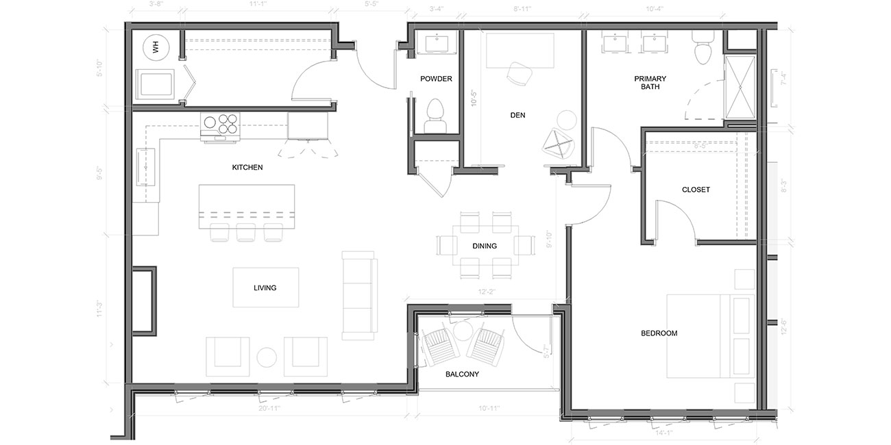 1 Bed, 1 .5 Bath + Den